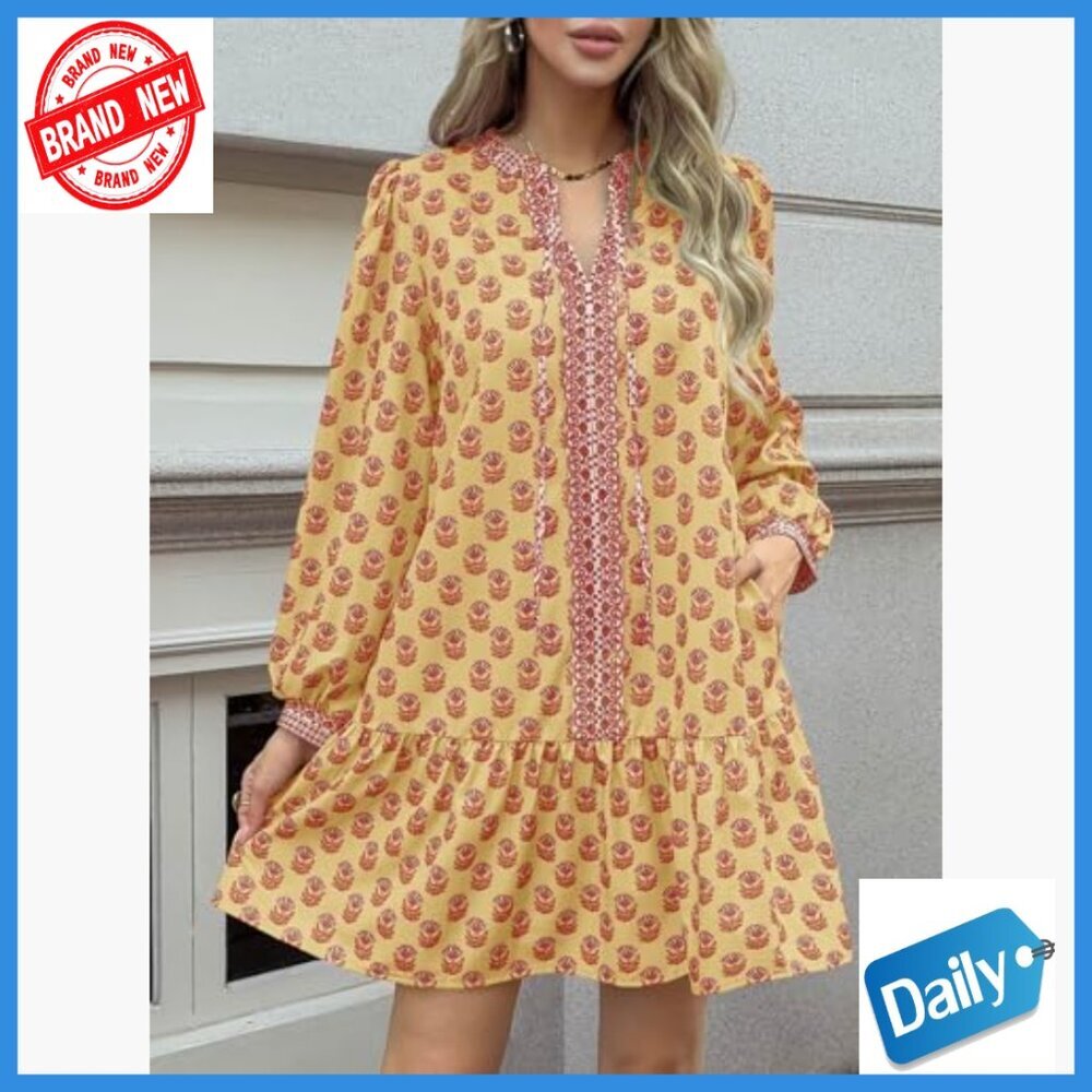 Long Sleeve Mini Dress with Pockets Floral V Neck Loose Fit Boho - Picture 3 of 7